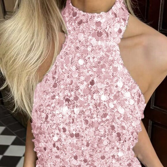 Pink Party Women's Christmas Strapless Sexy Sequin Top - Picture 4 of 6